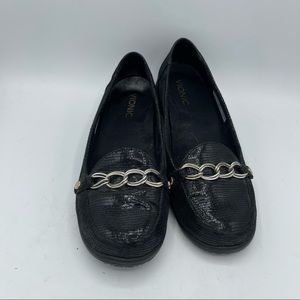 Vionic ALDA Black Snake Print Chain Leather Slip On Driving Loafers Size 8